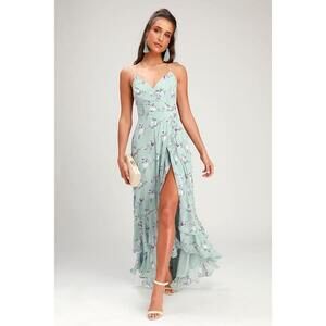 Lulus In Love Forever Sage Green Floral Lace-up High-low Maxi Dress - Size XS
